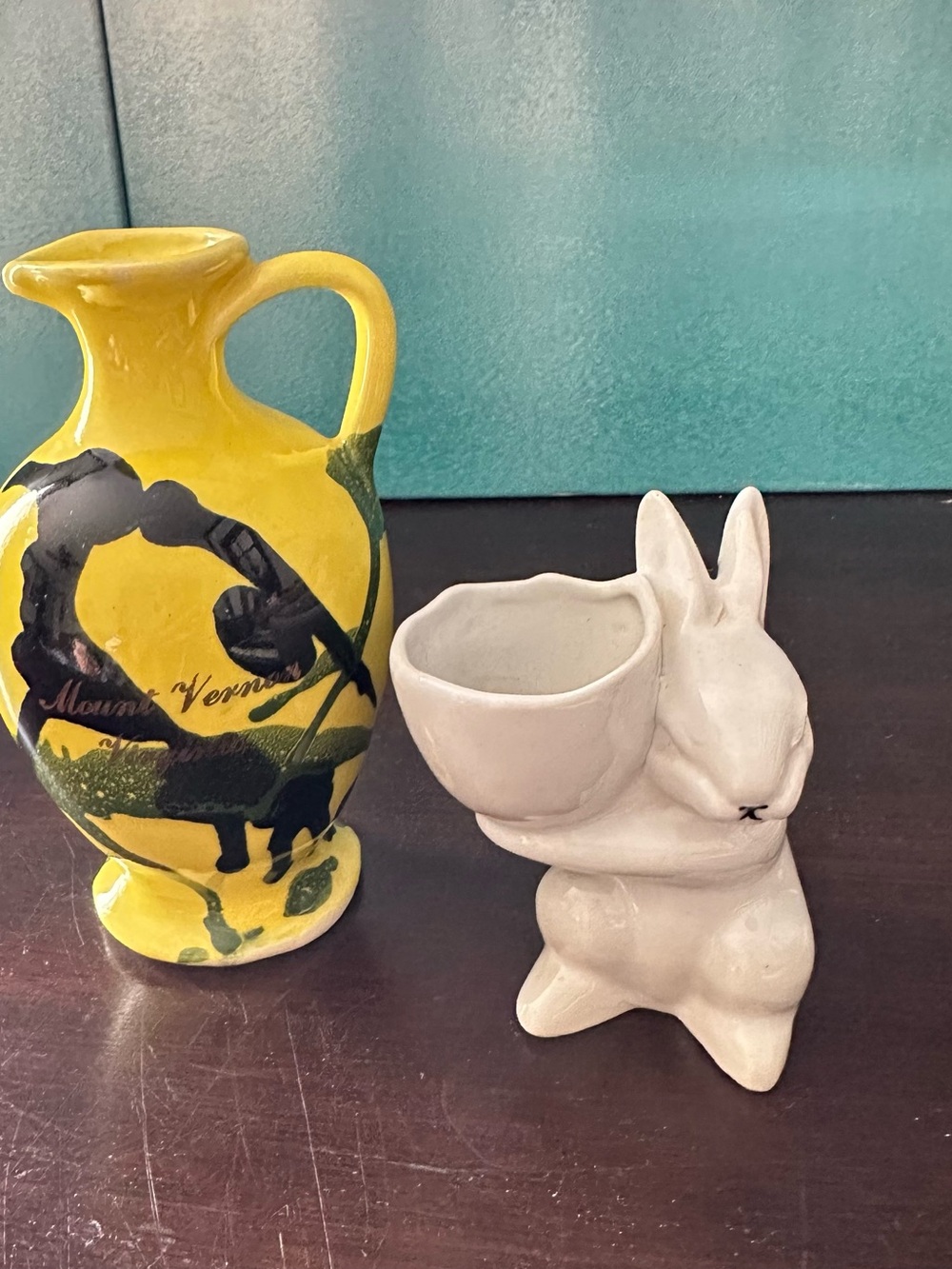 Vintage Mount Vernon Yellow Pitcher and White Bunny Planter